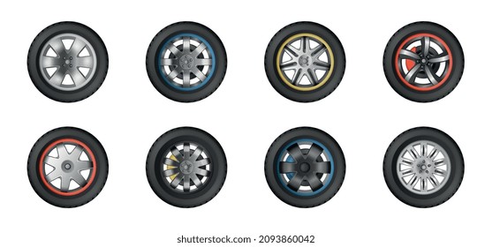 Vista frontal de las ruedas de los coches con varios discos realistas ajustados en la ilustración vectorial aislada de fondo blanco