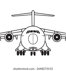 Front View Cargo Aircraft – Military Plane Line Art Illustration in Black and White-01
