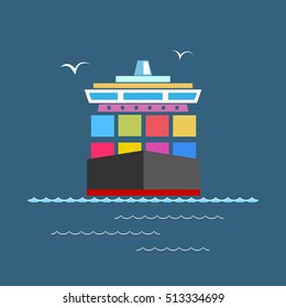 Front View of the Cargo Container Ship at Sea, Industrial Marine Vessel with Containers on Board, International Freight Transportation, Vector Illustration 