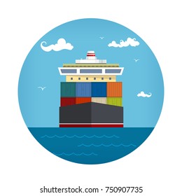Front View of the Cargo Container Ship , Industrial Marine Vessel with Containers on Board, International Freight Transportation Icon, Vector Illustration svg