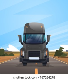 Front View Of Cargo Truck Trailer Driving On Coutryside Road Over Blue Sky Landscape Vector Illustration