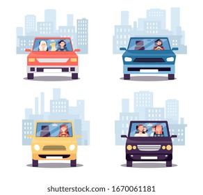 Front view of cars with people driving away from city - family, couple with dog and single man and woman on car trip. Isolated flat set - vector illustration.