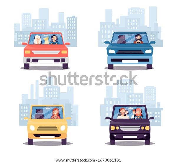Front view of cars with people\
driving away from city - family, couple with dog and single man and\
woman on car trip. Isolated flat set - vector\
illustration.