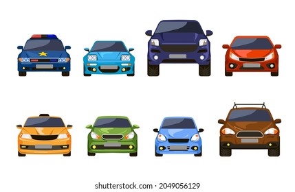 Front view of cars set. Vector illustrations of sedan auto vehicles isolated on white. Modern automobile transport for urban roads. Collection with suv, police car, taxi. City traffic concept