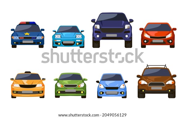 Front view of cars set. Vector illustrations of\
sedan auto vehicles isolated on white. Modern automobile transport\
for urban roads. Collection with suv, police car, taxi. City\
traffic concept
