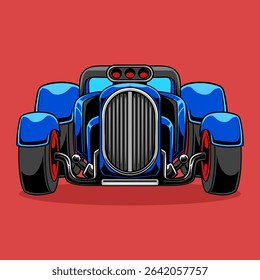 Front view of a cartoon blue hot rod with red wheels, wide tires, and exposed engine details on a bold red background