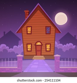 Front view of the cartoon house with cityscape in background. In the night time.