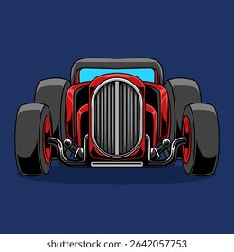 Front view of a cartoon red hot rod with red wheels, wide tires, and exposed engine details on a bold blue background