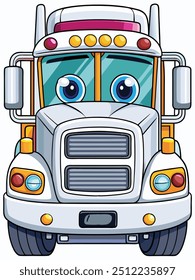 Front view of a cartoon semi truck with blue windows and yellow lights