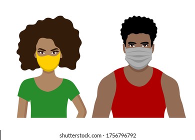 Front view cartoon vector set of an african american man and a woman wearing protective face mask - covid-19 safety measures, restriction, covering face to prevent spread of the virus