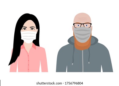 Front view cartoon vector set of a ginger bearded man and an asian woman wearing protective face mask - covid-19 safety measures, restriction, covering face to prevent spread of the virus