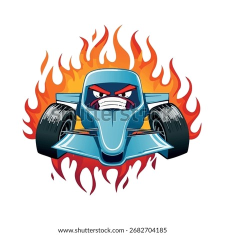 A front view of a cartoonish blue Formula 1 race car with an angry expression, wearing a white mask, surrounded by stylized orange and red flames.