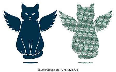 Front view of cat with angel wings, dual silhouette and pattern style, artistic feline icon