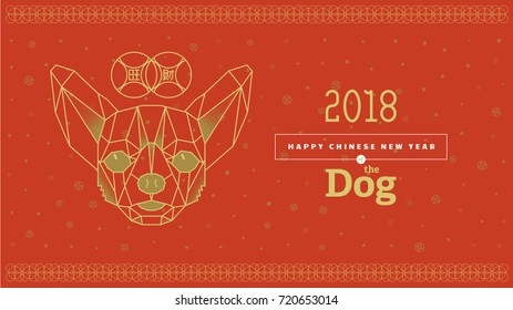 Front view of Chihuahua dog head triangular, Vector illustration. 2018 Happy New Year, Asian Lunar Year. Hieroglyphs l: thrive,