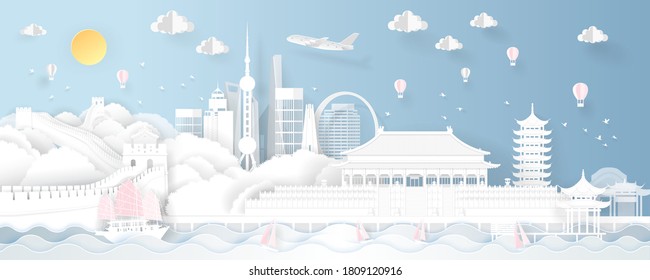 Front view of Chinese Travel Landmarks, Oriental Pearl Tower, Forbidden City, the ring of life building and the Great Wall of China. Paper art Vector illustration.