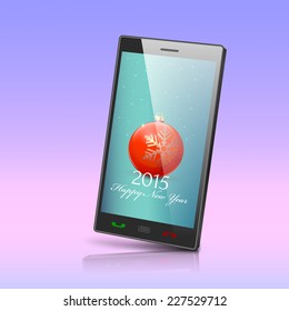 Front view of christmas phone isolated. New Year symbols in smartphone . Illustration for new year's day, christmas, winter holiday, new year's eve, technology, communication.