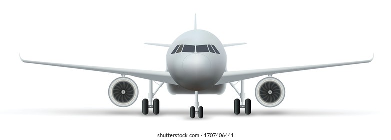 Front view of Civil Aircraft standing on the chassis  isolated on background. Public or private plane as business and travel design concept. Vector Illustration.