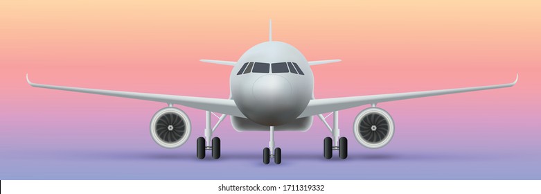 Front view of Civil Aircraft standing on the chassis  isolated on pastel background. Public or private plane as business and travel design concept. Vector Illustration.