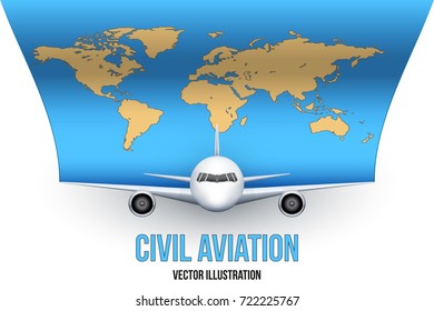 Front view of Civil Aircraft with World Map. Public or private plane. For business and travel design. Vector Illustration isolated on background.