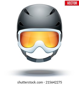 Front view of Classic black Ski helmet and white snowboard goggles with orange glass. Winter mountain vacation. Vector isolated on white background