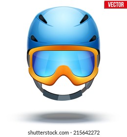 Front view of Classic blue Ski helmet and orange snowboard goggles. Winter mountain vacation. Vector isolated on white background
