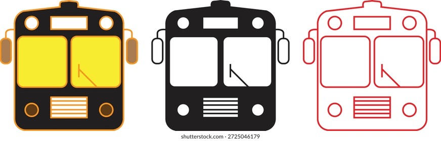 Vista frontal del icono clásico del autobús en tres estilos de diseño distintos