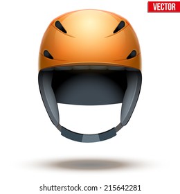 Front view of Classic orange Ski helmet. Winter mountain vacation. Vector isolated on white background