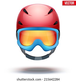 Front view of Classic red Ski helmet and blue snowboard goggles with orange glass. Winter mountain vacation. Vector isolated on white background