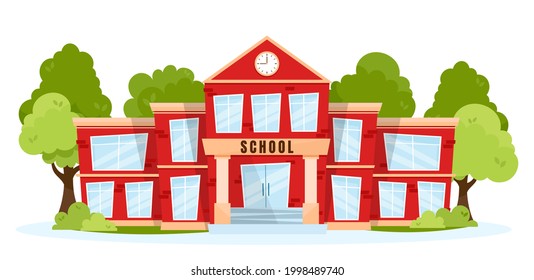 Front view of a classic school building with clock, big windows and doors. Flat, cartoon style vector illustration. Red elementary or high school architecture with trees and shrubs. 


