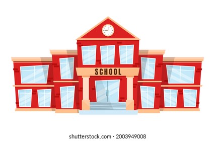 Vista frontal de un clásico edificio escolar con reloj, grandes ventanas y puertas. Ilustración vectorial plana con estilo de dibujos animados aislada en fondo blanco. Arquitectura roja de primaria o secundaria.

