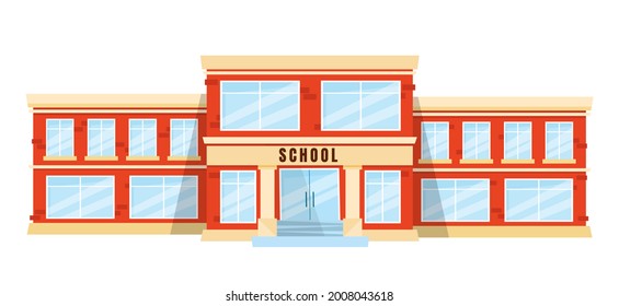 Front view of a classic school building with big windows and doors. Flat, cartoon style vector illustration isolated on white background. Elementary or high school architecture.

