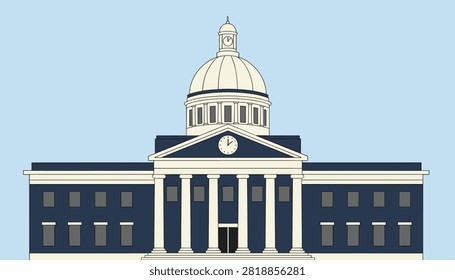 Front view of a classic white and dark blue neoclassical building with a central dome and a clock on the facade.