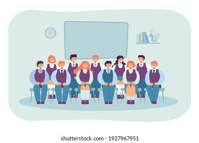 Front view of classmates sitting on chairs for photo isolated flat vector illustration. Cartoon group portrait of students in classroom. School and education concept