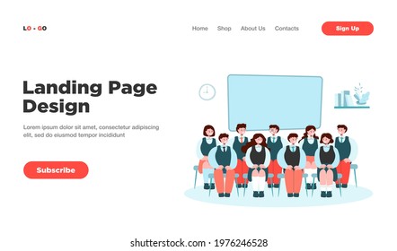 Front view of classmates sitting on chairs for photo isolated flat vector illustration. Cartoon group portrait of students in classroom. School and education concept