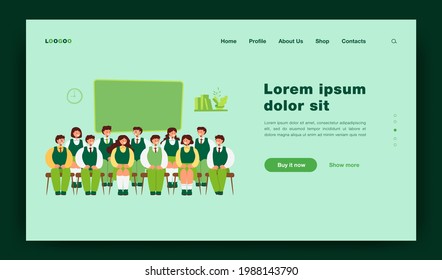 Front view of classmates sitting on chairs for photo isolated flat vector illustration. Cartoon group portrait of students in classroom. School and education concept