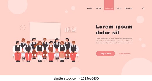 Front view of classmates sitting on chairs for photo isolated flat vector illustration. Cartoon group portrait of students in classroom. School and education concept