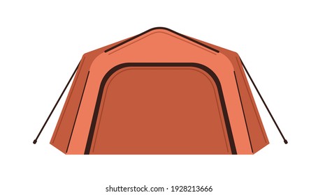 Vista frontal de una carpa de lona cerrada aislada sobre fondo blanco. Albergue para actividades de recreación, acampadas, senderismo y turismo. Equipamiento turístico. Ilustración vectorial plana de color