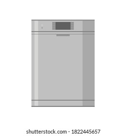 Front view of a closed dishwasher. Stainless steel dishwasher with front digital display for washing control. Household appliance for washing kitchen utensils