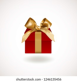 Front view of closed Red gift box bandaged with golden elegant bow with knot. Object or icon isolated on white background. Realistic vector illustration.