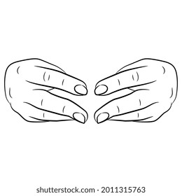 Front view closeup of two empty human hands with touching fingers. Holding gesture. Cartoon style. Black and white linear silhouette.