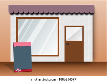 Front view of Coffee shop concept. Facade shop or restaurant decorated with glass window and brown door with blank blackboard or menu board as 3d illustration (vector).