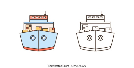 Front view colorful and monochrome cargo ships icon set vector illustration in line art style. Freight vessels carrying goods or containers isolated on white. International maritime shipment delivery