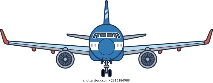 Front view of a commercial passenger airplane in clean flat vector style, featuring symmetrical design, detailed cockpit windows, engines, 