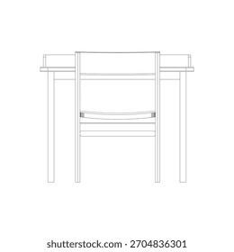 Vista frontal de un escritorio compacto con paneles traseros elevados emparejados con una simple silla de madera acolchada, que destaca las líneas limpias, las piernas delgadas y las proporciones ergonómicas.
