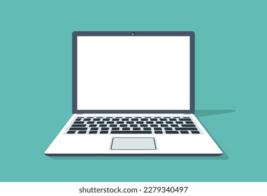 Front view computer laptop and white empty screen for copy space on blue background. Vector illustration cartoon flat design object.