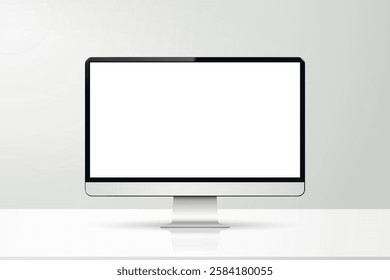 Front view of a computer with a white screen mockup on a table against grey wall in office