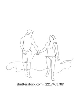 Front view of couple wearing swimming costumes are walking together in single line drawing style.Vector illustration flat continue line of young beautiful girl wearing bikini holding hands boyfriend.