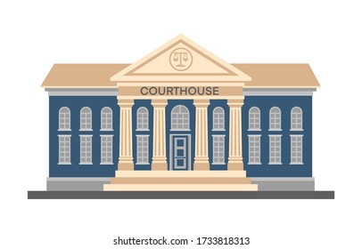 Front view of court house, bank, university or governmental institution. Public building with high columns and  doors. Flat style vector colorful illustration isolated on white background.