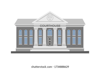 Front View Of Court House, Bank, University Or Governmental Institution. Public Building With High Columns And  Doors. Flat Style Vector Illustration Isolated On White Background.