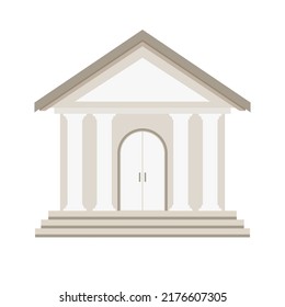 Front View Of Court House, Bank, University Or Governmental Institution. White Brick Public Building With High Columns And Open Doors. Flat Style Vector Illustration Isolated On White Background